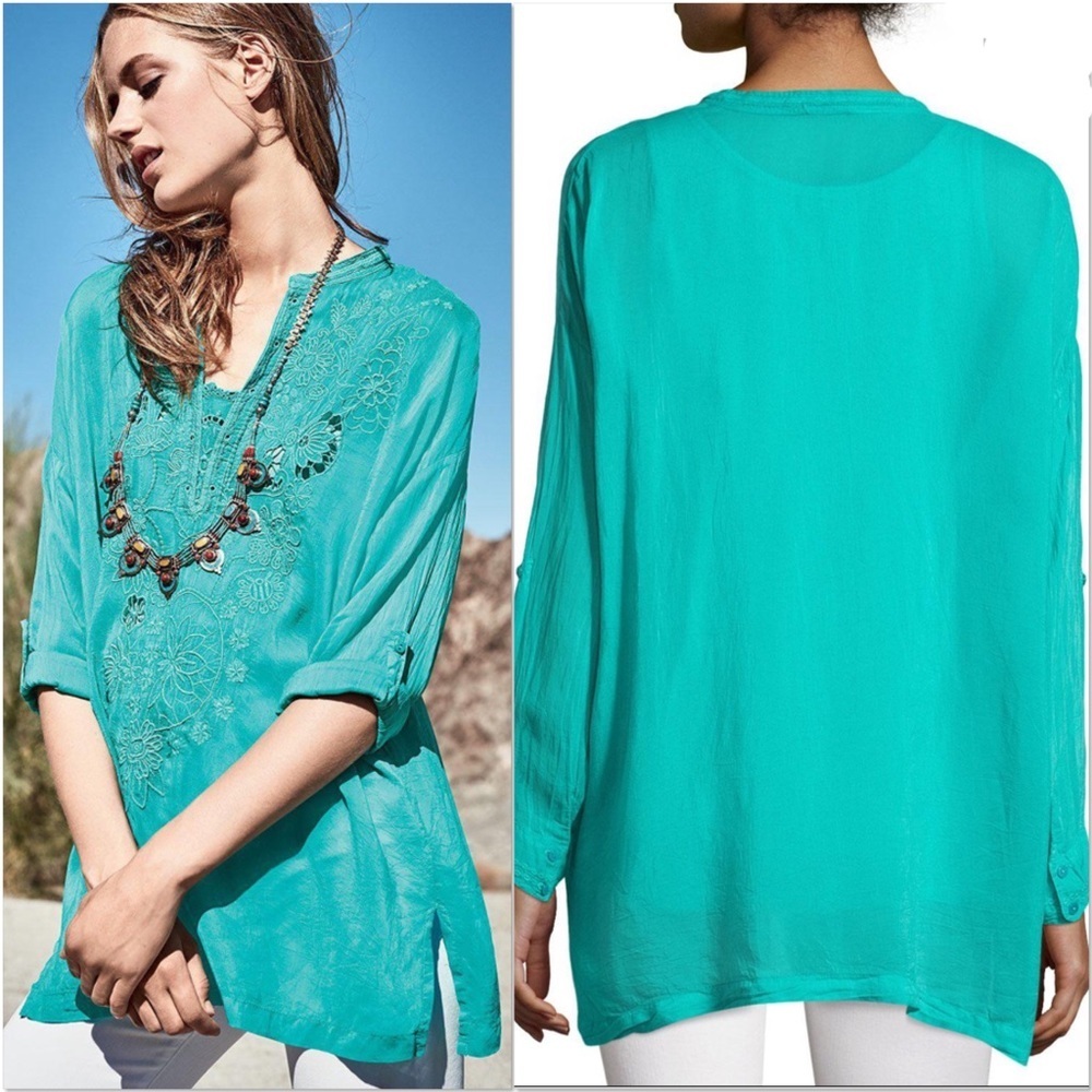 Johnny Was Lusana teal turquoise embroidered georgette tunic